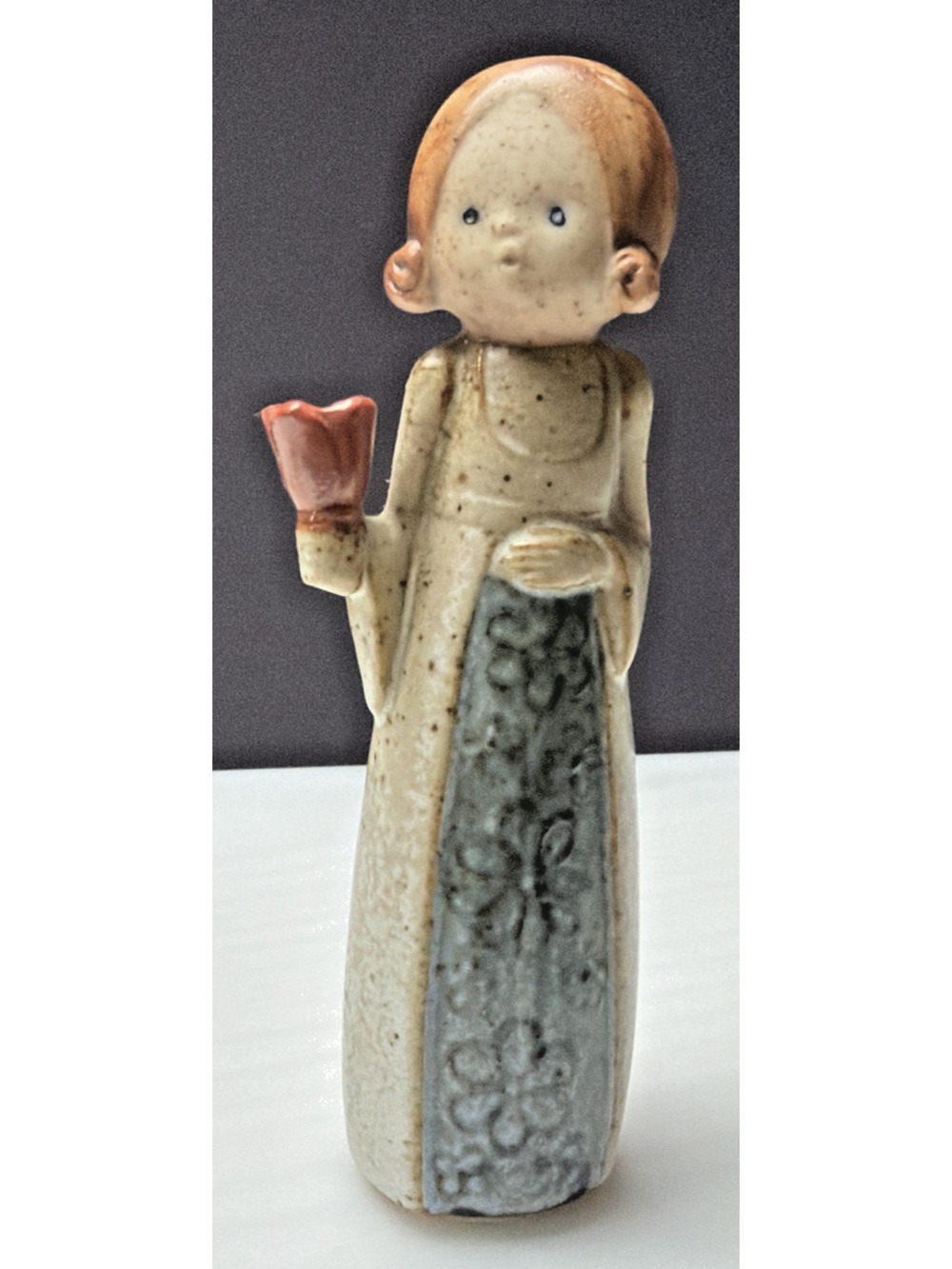 Vtg Uctci Pottery Stoneware Figurine Candle Holder Woman Girl Red Bell Flower